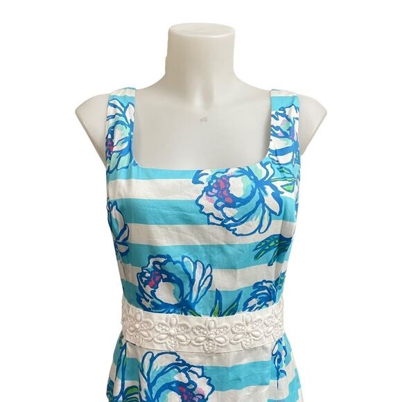 Lilly Pulitzer Tossing the Line Serena Striped‎ Dress sz 10 Floral Beaded Blue - Picture 2 of 13